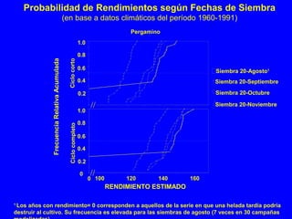 Probabilidad de Rendimientos según Fechas de Siembra
(en base a datos climáticos del período 1960-1991)
Pergamino
FrecuenciaRelativaAcumulada
RENDIMIENTO ESTIMADO
Ciclocompleto
0.2
0.4
0.6
0.8
1.0
0
0.2
0.4
0.6
0.8
1.0
100 120 140 160
Siembra 20-Agosto1
Ciclocorto
1
Los años con rendimiento= 0 corresponden a aquellos de la serie en que una helada tardía podría
destruir al cultivo. Su frecuencia es elevada para las siembras de agosto (7 veces en 30 campañas
//
//
0
Siembra 20-Septiembre
Siembra 20-Octubre
Siembra 20-Noviembre
 