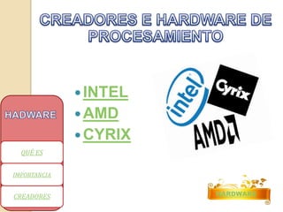 INTEL 
AMD 
CYRIX 
HARDWARE 
QUÉ ES 
IMPORTANCIA 
CREADORES 
 