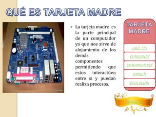  La tarjeta madre es 
la parte principal 
de un computador 
ya que nos sirve de 
alojamiento de los 
demás 
componentes 
permitiendo que 
estos interactúen 
entre si y puedan 
realiza procesos. 
¿QUE ES? 
FUNCIONES 
COMPONENTES 
ORIGEN 
EVOLUCIÓN 
TARJETA 
 