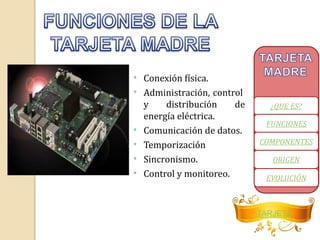 * Conexión física. 
* Administración, control 
y distribución de 
energía eléctrica. 
* Comunicación de datos. 
* Temporización 
* Sincronismo. 
* Control y monitoreo. 
¿QUE ES? 
FUNCIONES 
COMPONENTES 
ORIGEN 
EVOLUCIÓN 
TARJETA 
 