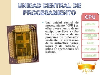  Una unidad central de 
procesamiento ( CPU ) es 
el hardware dentro de un 
equipo que lleva a cabo 
las instrucciones de un 
programa de ordenador 
mediante la realización 
de la aritmética básica, 
lógica y de entrada / 
salida de operaciones del 
sistema. 
¿QUE ES? 
HISTORIA 
PRIMERAS 
CPU 
CICLO 
CIRCUITOS 
OPERACIÓN 
CPU 
 