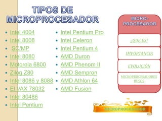  Intel 4004 
 Intel 8008 
 SC/MP 
 Intel 8080 
 Motorola 6800 
 Zilog Z80 
 Intel 8086 y 8088 
 El VAX 78032 
 Intel 80486 
 Intel Pentium 
 Intel Pentium Pro 
 Intel Celeron 
 Intel Pentium 4 
 AMD Duron 
 AMD Phenom II 
 AMD Sempron 
 AMD Athlon 64 
 AMD Fusion 
¿QUE ES? 
IMPORTANCIA 
EVOLUCIÓN 
MICROPROCESADORES 
RUSOS 
MICROPROCESADOR 
 
