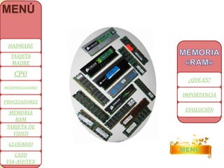 ¿QUE ES? 
IMPORTANCIA 
MENÚ 
MENÚ 
HADWARE 
TARJETA 
MADRE 
CPU 
MICROPROCESADORES 
PROCESADORES 
MEMORIA 
RAM 
TARJETA DE 
VIDEO 
GLOSARIO 
CASO 
VIA-ASUTEK 
EVOLUCIÓN 
 