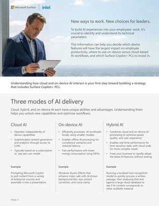 New ways to work. New choices for leaders.
To build AI experiences into your employees’ work, it’s
crucial to identify and understand its technical
parameters.
This information can help you decide which device
features will have the largest impact on employee
productivity, where to use on-device versus cloud-based
AI workflows, and which Surface Copilot+ PCs to invest in.
Understanding how cloud and on-device AI interact is your first step toward building a strategy
that includes Surface Copilot+ PCs.
Three modes of AI delivery
Cloud, hybrid, and on-device AI each have unique abilities and advantages. Understanding them
helps you unlock new capabilities and optimize workflows.
Cloud AI
• Operates independently of
device capabilities
• Sophisticated content generation
and analytics through access to
LLMs
• Typically based on a subscription
or pay-per-use model
Example
Prompting Microsoft Copilot
to pull content from a variety
of enterprise sources and
assemble it into a presentation.
On-device AI
• Efficiently processes AI workloads
locally using smaller models.
• Enables offline AI processing for
compliance scenarios and
reduced latency.
• Fast performance with lower
energy consumption using NPUs
Example
Windows Studio Effects that
enhance video calls with AI-driven
background blur, eye contact
correction, and voice clarity.
Hybrid AI
• Combines cloud and on-device AI
processing to optimize speed,
quality, and user experience
• Enables real-time performance for
time-sensitive tasks with cloud scale
for more complex needs
• Frees your business to rapidly adopt
the latest AI features without waiting
Example
Running a localized text-recognition
model to quickly process a written
passage, then analyzing that text
against a large cloud database to
see if its content corresponds to
other available material.
PAGE 5
 