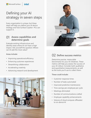Defining your AI
strategy in seven steps
Every organization is unique, but these
steps will help you define your AI device
strategy and how Surface Copilot+ PCs can
support it.
01 Assess capabilities and
determine goals
Evaluate existing infrastructure and
identify areas where AI can have a high
impact. Ask yourself the question: Where
can AI add the most value?
Areas include:
• Improving operational efficiency
• Enhancing customer experiences
• Streamlining collaboration
• Accelerating creativity
• Advancing research and development
02 Define success metrics
Determine precise, measurable
benchmarks for your AI initiatives. These
metrics will help you assess the success of
your AI rollout. Consider both qualitative
and quantitative measurements, as well
as the tools you’ll use to collect them.
These could include:
• Customer response times
• Number of tasks automated
• Improved predictive maintenance
• Time savings per employee per cycle
• Meetings eliminated
• Number of communications crafted
• Employee capability enhancements
• Volume of cloud compute offloaded
to on-device AI
PAGE 6
 