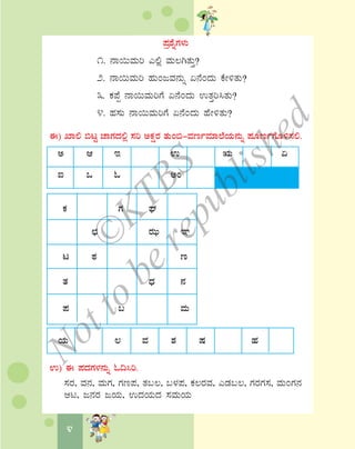 4
¥Àæ±ÉßUÀ¼ÀÄ
1. £Á¬ÄªÀÄj J°è ªÀÄ®VvÀÄÛ?
2. £Á¬ÄªÀÄj ºÀÄAdªÀ£ÀÄß K£ÉAzÀÄ PÉÃ½vÀÄ?
3. PÀ¥Éà £Á¬ÄªÀÄjUÉ K£ÉAzÀÄ GvÀÛj¹vÀÄ?
4. ºÀ¸ÀÄ £Á¬ÄªÀÄjUÉ K£ÉAzÀÄ ºÉÃ½vÀÄ?
F) SÁ° ©lÖ eÁUÀzÀ°è ¸Àj CPÀëgÀ vÀÄA©-ªÀtðªÀiÁ¯ÉAiÀÄ£ÀÄß ¥ÀÆtðUÉÆ½¸À°.
C D E G IÄ K
L M N CA
PÀ UÀ WÀ
bÀ gÀhÄ k
l oÀ t
vÀ zsÀ £À
¥À § ªÀÄ
AiÀÄ ® ªÀ ±À μÀ ºÀ
G) F ¥ÀzÀUÀ¼À£ÀÄß N¢¹j.
¸ÀgÀ, ªÀ£À, ªÀÄUÀ, UÀt¥À, vÀ§®, §¼À¥À, PÀ®gÀªÀ, JqÀ§®, UÀgÀUÀ¸À, ªÀÄAUÀ£À
Dl, d£ÀgÀ dAiÀÄ, GzÀAiÀÄzÀ ¸ÀªÀÄAiÀÄ
©
KTBS
Notto
berepublished
 
