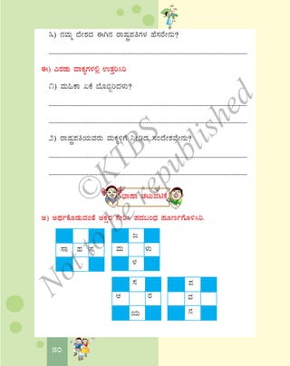 50
3) £ÀªÀÄä zÉÃ±ÀzÀ FV£À gÁμÀÖç¥ÀwUÀ¼À ºÉ¸ÀgÉÃ£ÀÄ?
..............................................................................................................................
F) JgÀqÀÄ ªÁPÀåUÀ¼À°è GvÀÛj¹j
1) ªÀÄ»PÁ KPÉ ¨ÉÆ©âjzÀ¼ÀÄ?
..............................................................................................................................
..............................................................................................................................
2) gÁμÀÖç¥ÀwAiÀÄªÀgÀÄ ªÀÄPÀÌ½UÉ ¤ÃrzÀ ¸ÀAzÉÃ±ÀªÉÃ£ÀÄ?
..............................................................................................................................
..............................................................................................................................
¨sÁμÁ ZÀlÄªÀnPÉ
C) CxÀðPÉÆqÀÄªÀAvÉ CPÀëgÀ ¸ÉÃj¹ ¥ÀzÀ§AzsÀ ¥ÀÆtðUÉÆ½¹j.
d
ªÀÄ ¼ÀÄ
¼À
¸Á ºÀ ¸À
¥À
ªÀ
£À
¸À
D gÀ
AiÀÄ
©
KTBS
Notto
berepublished
 