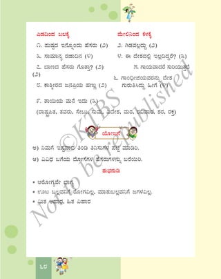 68
6. UÁA¢üÃfAiÀÄªÀgÀ£ÀÄß zÉÃ±À
UÀÄgÀÄw¹zÀÄÝ »ÃUÉ (4)
JqÀ¢AzÀ §®PÉÌ ªÉÄÃ°¤AzÀ PÉ¼ÀPÉÌ
1. ¥ÀÄμÀàzÀ E£ÉÆßAzÀÄ ºÉ¸ÀgÀÄ (2) 2. VqÀªÀ®èzÀÄÝ (2)
3. ¸ÁªÀiÁ£Àå gÀeÁ¢£À (4) 4. F zÉÃ±ÀzÀ°è E®è¢zÀÝgÉ? (3)
7. ¨ÁtzÀ ºÉ¸ÀgÀÄ UÉÆvÁÛ? (2) 5. UÁAiÀÄªÁzÀgÉ ¸ÀÄjAiÀÄÄvÀÛzÉ
(2)
8. PÁ²äÃgÀzÀ d£À¦æAiÀÄ ºÀtÄÚ (2)
9. vÁ¬ÄAiÀÄ ªÀÄ£É EzÀÄ (3)
(gÁμÀÖç¦vÀ, vÀªÀgÀÄ, ¸ÉÃ§Ä, ¸ÀÄªÀÄ, «zÉÃ±À, ªÀÄgÀ, gÀ«ªÁgÀ, ±ÀgÀ, gÀPÀÛ)
AiÉÆÃd£É
C) ¤ªÀÄUÉ EμÀÖªÁzÀ wAr w¤¸ÀÄUÀ¼À ¥ÀnÖ ªÀiÁrj.
D) ««zsÀ §UÉAiÀÄ zÉÆÃ¸ÉUÀ¼À ºÉ¸ÀgÀÄUÀ¼À£ÀÄß §gÉ¬Äj.
±ÀÄ¨sÀ£ÀÄr
* DgÉÆÃUÀåªÉÃ ¨sÁUÀå
* Hl §®èªÀ¤UÉ gÉÆÃUÀ«®è, ªÀiÁvÀÄ§®èªÀ¤UÉ dUÀ¼À«®è.
* «ÄvÀ DºÁgÀ, »vÀ «ºÁgÀ
©
KTBS
Notto
berepublished
 