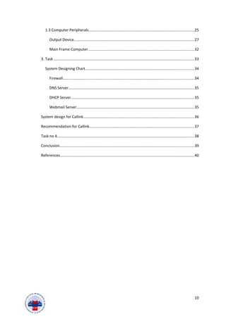 1.3 Computer Peripherals...................................................................................................25
Output Device.................................................................................................................27
Main Frame Computer....................................................................................................32
3. Task ....................................................................................................................................33
System Designing Chart......................................................................................................34
Firewall...........................................................................................................................34
DNS Server......................................................................................................................35
DHCP Server....................................................................................................................35
Webmail Server...............................................................................................................35
System design for Callink........................................................................................................36
Recommendation for Callink..................................................................................................37
Task no 4.................................................................................................................................38
Conclusion..............................................................................................................................39
References..............................................................................................................................40
10
 