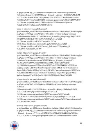 oLgAg&ved=0CAgQ_AUoAQ&biw=1366&bih=667#tbm=isch&q=computer
%20speaker&revid=641290578&facrc=_&imgdii=_&imgrc=_lsOB61UWMwExM
%253A%3B41rI6nHDfT0mTM%3Bhttp%253A%252F%252Fcdn.overstock.com
%252Fimg%252Fmxc%252F091230_computer-speakers.jpg%3Bhttp%253A%252F
%252Fwww.overstock.com%252FElectronics%252FComputer-Speakers
%252F127%252Fsubcat.html%3B302%3B302
micro p- https://www.google.lk/search?
q=keyboard&es_sm=122&source=lnms&tbm=isch&sa=X&ei=Nf5oVLSAOtadugSps
oLgAg&ved=0CAgQ_AUoAQ&biw=1366&bih=667#tbm=isch&q=computer
%20microphone&revid=1627540018&facrc=_&imgdii=_&imgrc=ojqIHMpZ8zkSR
M%253A%3B5B1EeU1OMyXfDM%3Bhttp%253A%252F
%252Fwww.kenable.co.uk%252Fimages%252F24-
1512_stereo_headphones_mic_kenable.jpg%3Bhttp%253A%252F
%252Fwww.kenable.co.uk%252Fproduct_info.php%253Fproducts_id
%253D3951%3B1000%3B1000
camera- https://www.google.lk/search?
q=keyboard&es_sm=122&source=lnms&tbm=isch&sa=X&ei=Nf5oVLSAOtadugSps
oLgAg&ved=0CAgQ_AUoAQ&biw=1366&bih=667#tbm=isch&q=computer
%20digital%20camera&revid=643879322&facrc=_&imgdii=_&imgrc=lP-
Pst_8GojfOM%253A%3BBy9PEBRTxuSbiM%3Bhttp%253A%252F
%252Fi00.i.aliimg.com%252Fwsphoto%252Fv0%252F627443532%252FFree-
shipping-Digital-USB-Web-Cam-Computer-Camera-CMOS-PC-Webcamera-For-
Skype-MSN-QQ.jpg%3Bhttp%253A%252F%252Fwww.aliexpress.com%252Fitem
%252FProtable-Mini-Music-Speaker-F6-Car-Music-player-Mp3-player-White-
Yellow-Optional-Via-DHL-free%252F631067259.html%3B669%3B439
printer- https://www.google.lk/search?
q=keyboard&es_sm=122&source=lnms&tbm=isch&sa=X&ei=Nf5oVLSAOtadugSps
oLgAg&ved=0CAgQ_AUoAQ&biw=1366&bih=667#tbm=isch&q=computer
%20laser
%20printer&revid=1294432136&facrc=_&imgdii=_&imgrc=DVLrLvtrlL6IqM
%253A%3B3rRiMg6p1sll5M%3Bhttp%253A%252F
%252Fwww.occomputerrentals.com%252Fwp-content%252Fuploads
%252F2012%252F03%252Fbest-laser-printer-21.png%3Bhttp%253A%252F
%252Fwww.occomputerrentals.com%252Frental-products%252Flaser-printer-rentals
%252F%3B298%3B298
monitor- https://www.google.lk/search?
q=keyboard&es_sm=122&source=lnms&tbm=isch&sa=X&ei=Nf5oVLSAOtadugSps
oLgAg&ved=0CAgQ_AUoAQ&biw=1366&bih=667#tbm=isch&q=monitor&facrc=
_&imgdii=_&imgrc=-7F9g33p_r8EZM%253A%3BknCB2jQakLS2BM%3Bhttp
%253A%252F%252Fimages.clipartpanda.com%252Fcomputer-monitor-clipart-
45
 
