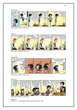 50
Referência:
QUINO, J. L. Toda Mafalda. São Paulo: Martins Fontes, 2003.
Desenvoltura
Fonte: Quino (2003, p. 280, tira 3).
Natureza
Fonte: Quino (2003, p. 282, tira 4).
Preocupação
Fonte: Quino (2003, p. 292, tira 2).
Burocracia
Fonte: Quino (2003, p. 294, tira 4).
 