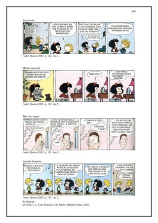 60
Referência:
QUINO, J. L. Toda Mafalda. São Paulo: Martins Fontes, 2003.
Autonomia
Fonte: Quino (2003, p. 122, tira 4).
Minuto nacional
Fonte: Quino (2003, p. 122, tira 5).
Três reis magos
Fonte: Quino (2003, p. 131, tira 1).
Intuição feminina
Fonte: Quino (2003, p. 131, tira 2).
 