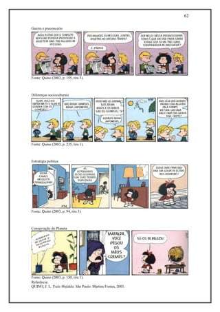 62
Referência:
QUINO, J. L. Toda Mafalda. São Paulo: Martins Fontes, 2003.
Guerra e preconceito
Fonte: Quino (2003, p. 155, tira 3).
Diferenças socioculturais
Fonte: Quino (2003, p. 235, tira 1).
Estratégia política
Fonte: Quino (2003, p. 94, tira 3).
Conservação do Planeta
Fonte: Quino (2003, p. 150, tira 1).
 