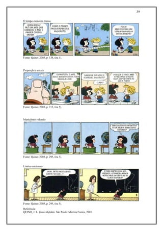 39
Referência:
QUINO, J. L. Toda Mafalda. São Paulo: Martins Fontes, 2003.
O tempo está com pressa
Fonte: Quino (2003, p. 138, tira 1).
Proporção e escala
Fonte: Quino (2003, p. 213, tira 5).
Manicômio redondo
Fonte: Quino (2003, p. 295, tira 3).
Limites nacionais
Fonte: Quino (2003, p. 295, tira 5).
 