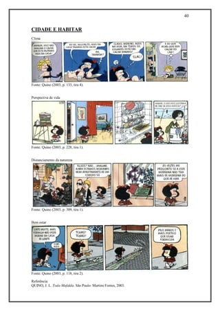 40
Referência:
QUINO, J. L. Toda Mafalda. São Paulo: Martins Fontes, 2003.
CIDADE E HABITAR
Clima
Fonte: Quino (2003, p. 133, tira 4).
Perspectiva de vida
Fonte: Quino (2003, p. 228, tira 1).
Distanciamento da natureza
Fonte: Quino (2003, p. 309, tira 1).
Bem estar
Fonte: Quino (2003, p. 118, tira 2).
 