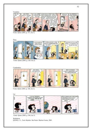 52
Referência:
QUINO, J. L. Toda Mafalda. São Paulo: Martins Fontes, 2003.
Vendedor
Fonte: Quino (2003, p. 317, tira 1).
Ética
Fonte: Quino (2003, p. 320, tira 2).
Condomínio
Fonte: Quino (2003, p. 328, tira 3).
Lar
Fonte: Quino (2003, p. 364, tira 3).
 