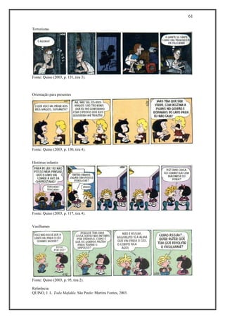 61
Referência:
QUINO, J. L. Toda Mafalda. São Paulo: Martins Fontes, 2003.
Terrorismo
Fonte: Quino (2003, p. 131, tira 3).
Orientação para presentes
Fonte: Quino (2003, p. 130, tira 4).
Histórias infantis
Fonte: Quino (2003, p. 117, tira 4).
Vasilhames
Fonte: Quino (2003, p. 95, tira 2).
 