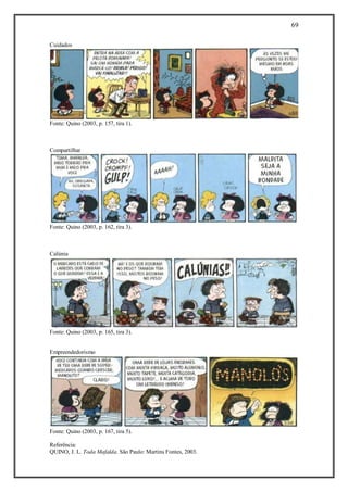 69
Referência:
QUINO, J. L. Toda Mafalda. São Paulo: Martins Fontes, 2003.
Cuidados
Fonte: Quino (2003, p. 157, tira 1).
Compartilhar
Fonte: Quino (2003, p. 162, tira 3).
Calúnia
Fonte: Quino (2003, p. 165, tira 3).
Empreendedorismo
Fonte: Quino (2003, p. 167, tira 5).
 