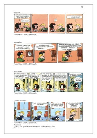 71
Referência:
QUINO, J. L. Toda Mafalda. São Paulo: Martins Fontes, 2003.
Bolachas
Fonte: Quino (2003, p. 189, tira 4).
Insinuações
Fonte: Quino (2003, p. 195, tira 3).
Mais barato
Fonte: Quino (2003, p. 196, tira 1).
Questão de tempo
Fonte: Quino (2003, p. 200, tira 4).
 