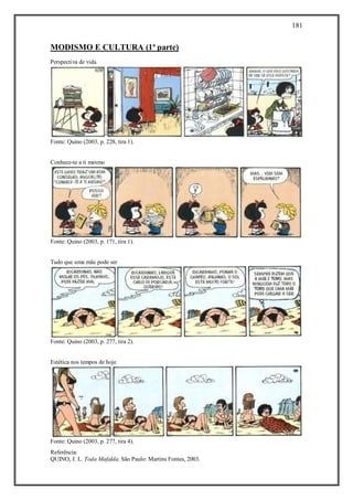 181
Referência:
QUINO, J. L. Toda Mafalda. São Paulo: Martins Fontes, 2003.
MODISMO E CULTURA (1ª parte)
Perspectiva de vida
Fonte: Quino (2003, p. 228, tira 1).
Conhece-te a ti mesmo
Fonte: Quino (2003, p. 171, tira 1).
Tudo que uma mãe pode ser
Fonte: Quino (2003, p. 277, tira 2).
Estética nos tempos de hoje
Fonte: Quino (2003, p. 277, tira 4).
 