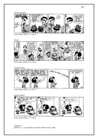 202
Referência:
QUINO, J. L. Toda Mafalda. São Paulo: Martins Fontes, 2003.
Governo mundial
Fonte: Quino (2003, p. 31, tira 4).
Oriente
Fonte: Quino (2003, p. 54, tira 4).
Cortina de ferro
Fonte: Quino (2003, p. 55, tira 2).
Doença mundial
Fonte: Quino (2003, p. 77, tira 4).
 