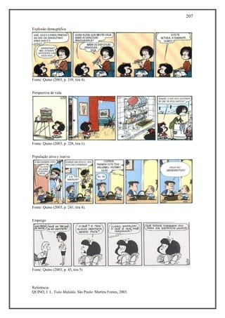 207
Referência:
QUINO, J. L. Toda Mafalda. São Paulo: Martins Fontes, 2003.
Explosão demográfica
Fonte: Quino (2003, p. 339, tira 4).
Perspectiva de vida
Fonte: Quino (2003, p. 228, tira 1).
População ativa e inativa
Fonte: Quino (2003, p. 241, tira 4).
Emprego
Fonte: Quino (2003, p. 43, tira 5)
 