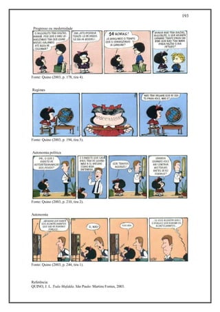 193
Referência:
QUINO, J. L. Toda Mafalda. São Paulo: Martins Fontes, 2003.
Progresso ou modernidade
Fonte: Quino (2003, p. 178, tira 4).
Regimes
Fonte: Quino (2003, p. 194, tira 3).
Autonomia política
Fonte: Quino (2003, p. 210, tira 2).
Autonomia
Fonte: Quino (2003, p. 244, tira 1).
 