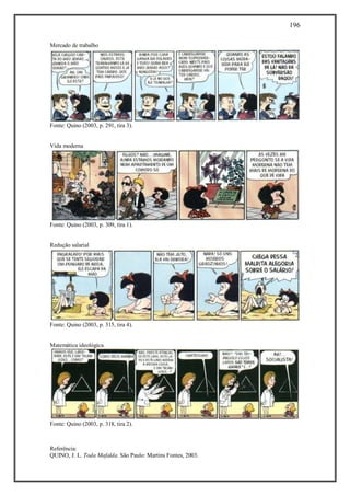 196
Referência:
QUINO, J. L. Toda Mafalda. São Paulo: Martins Fontes, 2003.
Mercado de trabalho
Fonte: Quino (2003, p. 291, tira 3).
Vida moderna
Fonte: Quino (2003, p. 309, tira 1).
Redução salarial
Fonte: Quino (2003, p. 315, tira 4).
Matemática ideológica
Fonte: Quino (2003, p. 318, tira 2).
 
