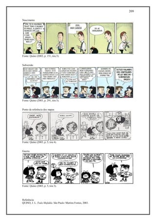 209
Referência:
QUINO, J. L. Toda Mafalda. São Paulo: Martins Fontes, 2003.
Nascimento
Fonte: Quino (2003, p. 151, tira 3).
Subversão
Fonte: Quino (2003, p. 291, tira 3).
Ponto de referência dos mapas
Fonte: Quino (2003, p. 5, tira 4).
Guerra
Fonte: Quino (2003, p. 5, tira 3).
 