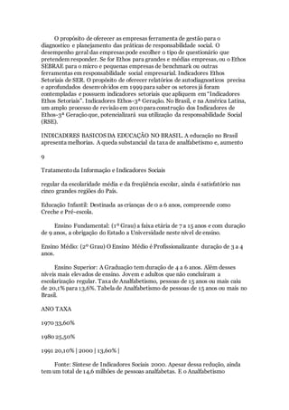 O propósito de oferecer as empresas ferramenta de gestão para o
diagnostico e planejamento das práticas de responsabilidade social. O
desempenho geral das empresas pode escolher o tipo de questionário que
pretendem responder. Se for Ethos para grandes e médias empresas, ou o Ethos
SEBRAE para o micro e pequenas empresas de benchmark ou outras
ferramentas em responsabilidade social empresarial. Indicadores Ethos
Setoriais de SER. O propósito de oferecer relatórios de autodiagnosticos precisa
e aprofundados desenvolvidos em 1999 para saber os setores já foram
contempladas e possuem indicadores setoriais que apliquem em “Indicadores
Ethos Setoriais”. Indicadores Ethos-3ª Geração. No Brasil, e na América Latina,
um amplo processo de revisãoem 2010 para construção dos Indicadores de
Ethos-3ª Geraçãoque, potencializará sua utilização da responsabilidade Social
(RSE).
INDICADIRES BASICOS DA EDUCAÇÃO NO BRASIL. A educação no Brasil
apresenta melhorias. A queda substancial da taxa de analfabetismo e, aumento
9
Tratamentoda Informação e Indicadores Sociais
regular da escolaridade média e da freqüência escolar, ainda é satisfatório nas
cinco grandes regiões do País.
Educação Infantil: Destinada as crianças de 0 a 6 anos, compreende como
Creche e Pré-escola.
Ensino Fundamental: (1º Grau) a faixa etária de 7 a 15 anos e com duração
de 9 anos, a obrigação do Estado a Universidade neste nível de ensino.
Ensino Médio: (2º Grau) O Ensino Médio é Profissionalizante duração de 3 a 4
anos.
Ensino Superior: A Graduação tem duração de 4 a 6 anos. Além desses
níveis mais elevados de ensino. Jovem e adultos que não concluíram a
escolarização regular. Taxa de Analfabetismo, pessoas de 15 anos ou mais caiu
de 20,1% para 13,6%. Tabela de Analfabetismo de pessoas de 15 anos ou mais no
Brasil.
ANO TAXA
1970 33,60%
1980 25,50%
1991 20,10% | 2000 | 13,60% |
Fonte: Síntese de Indicadores Sociais 2000. Apesar dessa redução, ainda
tem um total de 14,6 milhões de pessoas analfabetas. E o Analfabetismo
 