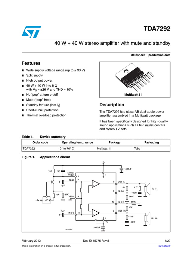 Amplificatore Audio ST Microelectronics TDA7266M, Originale, 7W, Nuovo