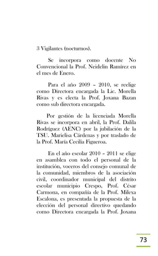 73
3 Vigilantes (nocturnos).
Se incorpora como docente No
Convencional la Prof. Neidelin Ramírez en
el mes de Enero.
Para el año 2009 – 2010, se reelige
como Directora encargada la Lic. Morella
Rivas y es electa la Prof. Joxana Bazan
como sub directora encargada.
Por gestión de la licenciada Morella
Rivas se incorpora en abril, la Prof. Dalila
Rodríguez (AENC) por la jubilación de la
TSU. Marielisa Cárdenas y por traslado de
la Prof. María Cecilia Figueroa.
En el año escolar 2010 – 2011 se elige
en asamblea con todo el personal de la
institución, voceros del consejo comunal de
la comunidad, miembros de la asociación
civil, coordinador municipal del distrito
escolar municipio Crespo, Prof. César
Carmona, en compañía de la Prof. Milexa
Escalona, es presentada la propuesta de la
elección del personal directivo quedando
como Directora encargada la Prof. Joxana
 