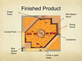 Sniper
                Finished Product
  Tower                                   Red Spawn
                                          Room


                                             Diving
                                             Fence

Control Point


                                          Containers



       Blue
       Spawn
       Room
                          Cover in open
                          areas
 