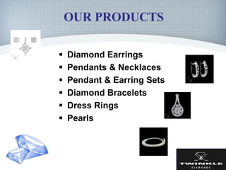 OUR PRODUCTS
 Diamond Earrings
 Pendants & Necklaces
 Pendant & Earring Sets
 Diamond Bracelets
 Dress Rings
 Pearls
 