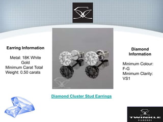 Diamond Cluster Stud Earrings
Earring Information
Metal: 18K White
Gold
Minimum Carat Total
Weight: 0.50 carats
Diamond
Information
Minimum Colour:
F-G
Minimum Clarity:
VS1
 
