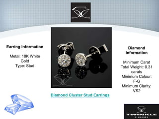 Earring Information
Metal: 18K White
Gold
Type: Stud
Diamond
Information
Minimum Carat
Total Weight: 0.31
carats
Minimum Colour:
F-G
Minimum Clarity:
VS2
Diamond Cluster Stud Earrings
 