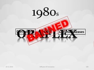 1980s 
ORAFLEX 
Diet control CNS Chronic diseases 
10-11-2014 Diffusion Of Innovation 100 
 