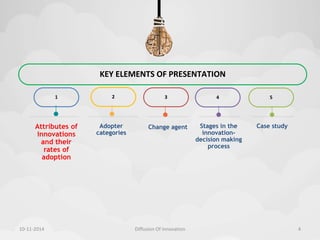1 
Attributes of 
innovations 
and their 
rates of 
adoption 
KEY ELEMENTS OF PRESENTATION 
2 
Adopter 
categories 
3 
4 
Change agent Stages in the 
innovation-decision 
making 
process 
5 
Case study 
10-11-2014 Diffusion Of Innovation 4 
 