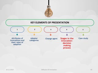 1 
Attributes of 
innovations and 
their rates of 
adoption 
KEY ELEMENTS OF PRESENTATION 
2 
Adopter 
categories 
3 
4 
Change agent Stages in the 
innovation-decision 
making 
process 
5 
Case study 
10-11-2014 Diffusion Of Innovation 59 
 