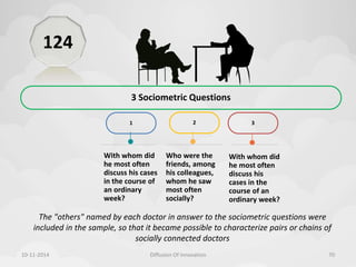 3 Sociometric Questions 
1 
With whom did 
he most often 
discuss his cases 
in the course of 
an ordinary 
week? 
2 
Who were the 
friends, among 
his colleagues, 
whom he saw 
most often 
socially? 
3 
With whom did 
he most often 
discuss his 
cases in the 
course of an 
ordinary week? 
The "others" named by each doctor in answer to the sociometric questions were 
included in the sample, so that it became possible to characterize pairs or chains of 
socially connected doctors 
124 
10-11-2014 Diffusion Of Innovation 70 
 
