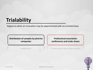 Trialability 
Degree to which an innovation may be experimented with on a limited basis 
Distribution of samples by pharma 
companies 
Professional association 
conferences and trade shows 
10-11-2014 Diffusion Of Innovation 8 
 