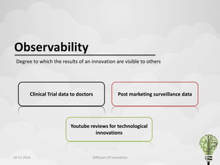 Observability 
Degree to which the results of an innovation are visible to others 
Clinical Trial data to doctors Post marketing surveillance data 
Youtube reviews for technological 
innovations 
10-11-2014 Diffusion Of Innovation 9 
 
