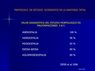 DTFRC-2007 VALOR DIAGNOSTICA DEL ESTUDIO MORFOLOGICO EN  MALFORMACIONES  S N C   ANENCEFALIA  100 % HIDROCEFALIA 98 % MICROCEFALIA 92 % ESPINA BIFIDA 89 % HOLOPROSENCEFALIA 89 % ISFER et al 1996 PROTOCOLO  DE ESTUDIO  ECOGRAFICO DE LA ANATONIA  FETAL 
