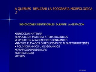 DTFRC-2007 INDICACIONES IDENTIFICABLES  DURANTE  LA GESTACION  INFECCION MATERNA  EXPOSICION MATERNA A TERATOGENICOS EXPOSICION A RADIACIONES IONIZANTES NIVELES ELEVADOS O REDUCIDAS DE ALFAFETOPROTEINAS POLIHIDRANMIOS U OLIGOANMIOS FARMACODEPENDENCIAS GEMELARIDAD OTROS A QUIENES  REALIZAR LA ECOGRAFIA MORFOLOGICA .? 