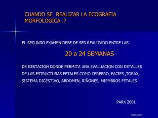 DTFRC-2007 El  SEGUNDO EXAMEN DEBE DE SER REALIZADO ENTRE LAS 20 a 24 SEMANAS DE GESTACION DONDE PERMITA UNA EVALUACION CON DETALLES DE LAS ESTRUCTURAS FETALES COMO CEREBRO, FACIES ,TORAX, SISTEMA DIGESTIVO, ABDOMEN, RIÑONES, MIEMBROS FETALES PARK 2001 CUANDO SE  REALIZAR LA ECOGRAFIA MORFOLOGICA .? 