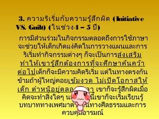 3. ความริเ ริ่ม กับ ความรู้ส ึก ผิด (Initiative
VS. Guilt) (ในช่ว ง4 – 5 ปี)
 การมีส่วนร่วมในกิจกรรมตลอดถึงการใช้ภาษา
จะช่วยให้เด็กเกิดแง่คดในการวางแผนและการ
                         ิ
  ริเริมทำากิจกรรมต่างๆ ก็จะเป็นการส่ง เสริม
       ่
 ทำา ให้เ ขารู้ส ึก ต้อ งการที่จ ะศึก ษาค้น คว้า
ต่อ ไปเด็กก็จะมีความคิดริเริ่ม แต่ในทางตรงกัน
ข้ามถ้าผู้ใหญ่คอยเข้ม งวด ไม่เ ปิด โอกาสให้
เด็ก ตำา หนิอ ยู่ต ลอดเวลา เขาก็จะรูสึกผิดเมือ
                                        ้       ่
  คิดจะทำาสิ่งใดๆ นอกจากนีเขาก็จะเริมเรียนรู้
                             ้            ่
 บทบาททางเพศมาตรฐานทางศีลธรรมและการ
                   ควบคุมอารมณ์
 