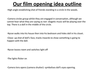 Our film opening idea outline
-High angle establishing shot of friends standing in a circle in the woods.


-Camera circles group whilst they are engaged in conversation, although we
cannot hear what they are saying as non- diagetic music will be playing over the
top. There is a doll in the middle of the circle.


-Nyran walks into his house then into his bedroom and hides doll in his closet.
-Close- up shot of doll’s face, tracks inwards to show something is going to
happen with the doll.


-Nyran leaves room and switches light off


-The lights flicker on


-Camera lens opens (camera shutter)- symbolises doll’s eyes opening.
 