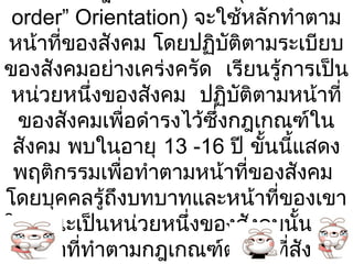 order” Orientation) จะใช้หลักทำาตาม
หน้าที่ของสังคม โดยปฏิบัติตามระเบียบ
ของสังคมอย่างเคร่งครัด เรียนรู้การเป็น
 หน่วยหนึงของสังคม ปฏิบัติตามหน้าที่
           ่
  ของสังคมเพื่อดำารงไว้ซึ่งกฎเกณฑ์ใน
 สังคม พบในอายุ 13 -16 ปี ขั้นนี้แสดง
 พฤติกรรมเพื่อทำาตามหน้าที่ของสังคม
โดยบุคคลรู้ถึงบทบาทและหน้าที่ของเขา
ในฐานะเป็นหน่วยหนึ่งของสังคมนั้น จึง
 มีหน้าที่ทำาตามกฎเกณฑ์ต่างๆ ที่สังคม
 