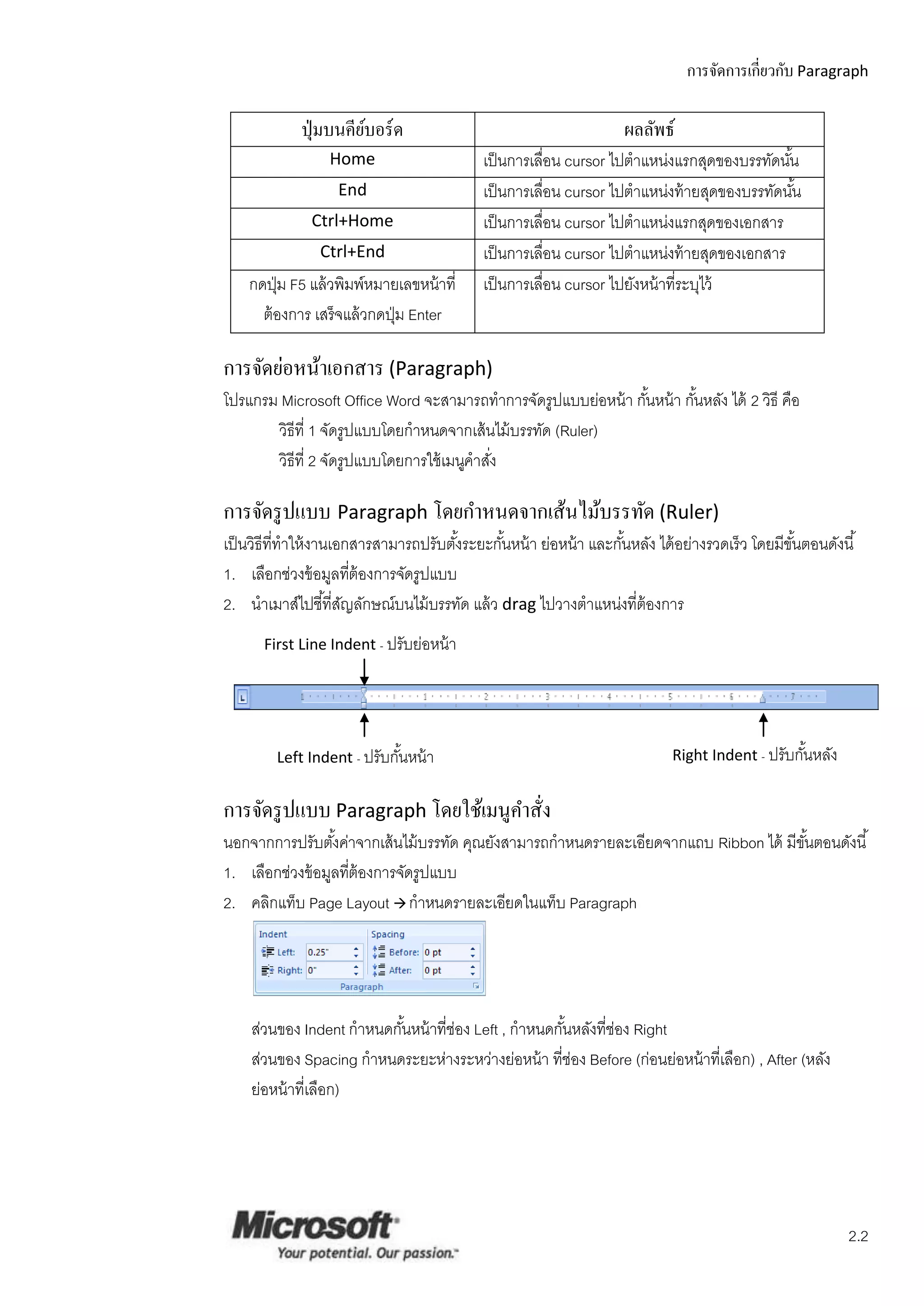 การจัดการเกี่ยวกับ Paragraph

             ปุ่ มบนคียบอร์ ด
                       ์                                            ผลลัพธ์
                  Home                      เป็ นการเลือน cursor ไปตาแหน่งแรกสุดของบรรทัดนัน
                                                       ่                                     ้
                   End                      เป็ นการเลือน cursor ไปตาแหน่งท้ ายสุดของบรรทัดนัน
                                                         ่                                     ้
               Ctrl+Home                    เป็ นการเลือน cursor ไปตาแหน่งแรกสุดของเอกสาร
                                                           ่
                Ctrl+End                    เป็ นการเลือน cursor ไปตาแหน่งท้ ายสุดของเอกสาร
                                                             ่
    กดปุ่ ม F5 แล้ วพิมพ์หมายเลขหน้ าที่    เป็ นการเลือน cursor ไปยังหน้ าที่ระบุไว้
                                                               ่
      ต้ องการ เสร็ จแล้ วกดปุ่ ม Enter

การจัดย่อหน้าเอกสาร (Paragraph)
โปรแกรม Microsoft Office Word จะสามารถทาการจัดรูปแบบย่อหน้ า กันหน้ า กันหลัง ได้ 2 วิธี คือ
                                                               ้        ้
       วิธีที่ 1 จัดรูปแบบโดยกาหนดจากเส้ นไม้ บรรทัด (Ruler)
       วิธีที่ 2 จัดรูปแบบโดยการใช้ เมนูคาสัง
                                            ่

การจัดรู ปแบบ Paragraph โดยกาหนดจากเส้นไม้บรรทัด (Ruler)
เป็ นวิธีที่ทาให้ งานเอกสารสามารถปรับตังระยะกันหน้ า ย่อหน้ า และกันหลัง ได้ อย่างรวดเร็ ว โดยมีขนตอนดังนี ้
                                       ้      ้                    ้                             ั้
1. เลือกช่วงข้ อมูลทีต้องการจัดรูปแบบ
                          ่
2. นาเมาส์ไปชี ้ทีสญลักษณ์บนไม้ บรรทัด แล้ ว drag ไปวางตาแหน่งที่ต้องการ
                      ่ ั
      First Line Indent - ปรับย่อหน้ า




         Left Indent - ปรับกันหน้ า
                             ้                                              Right Indent - ปรับกันหลัง
                                                                                                 ้

การจัดรู ปแบบ Paragraph โดยใช้เมนูคาสั่ง
นอกจากการปรับตังค่าจากเส้ นไม้ บรรทัด คุณยังสามารถกาหนดรายละเอียดจากแถบ Ribbon ได้ มีขนตอนดังนี ้
                  ้                                                                   ั้
1. เลือกช่วงข้ อมูลทีต้องการจัดรูปแบบ
                     ่
2. คลิกแท็บ Page Layout  กาหนดรายละเอียดในแท็บ Paragraph




    ส่วนของ Indent กาหนดกันหน้ าที่ช่อง Left , กาหนดกันหลังที่ช่อง Right
                          ้                           ้
    ส่วนของ Spacing กาหนดระยะห่างระหว่างย่อหน้ า ที่ช่อง Before (ก่อนย่อหน้ าที่เลือก) , After (หลัง
    ย่อหน้ าที่เลือก)




                                                                                                          2.2
 
