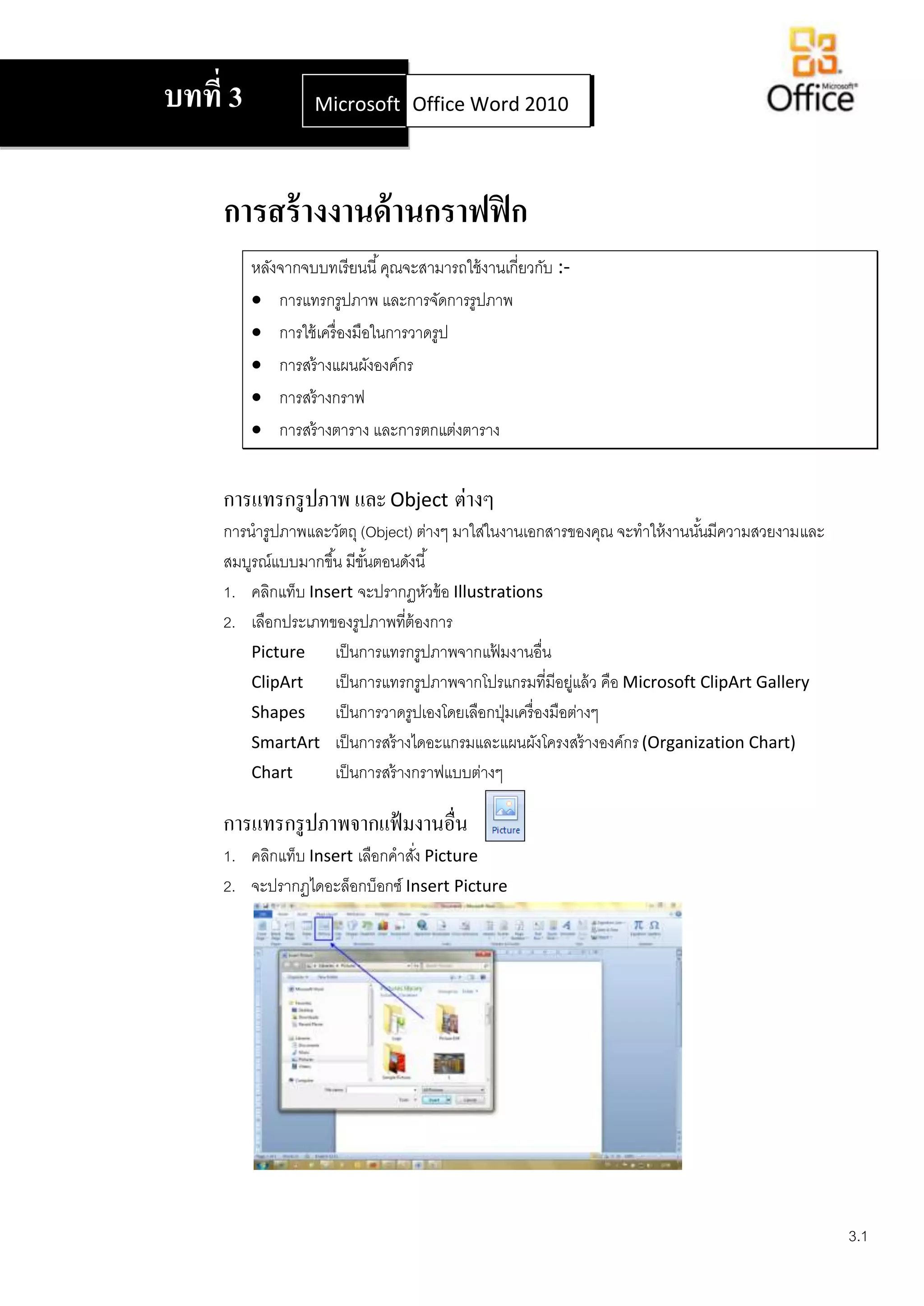บทที่ 3             Microsoft Office Word 2007
                              Office Word 2010




     การสร้ างงานด้ านกราฟฟิ ก
          หลังจากจบบทเรี ยนนี ้ คุณจะสามารถใช้ งานเกี่ยวกับ :-
           การแทรกรูปภาพ และการจัดการรูปภาพ
           การใช้ เครื่ องมือในการวาดรูป
           การสร้ างแผนผังองค์กร
           การสร้ างกราฟ
           การสร้ างตาราง และการตกแต่งตาราง


     การแทรกรู ปภาพ และ Object ต่างๆ
     การนารูปภาพและวัตถุ (Object) ต่างๆ มาใส่ในงานเอกสารของคุณ จะทาให้ งานนันมีความสวยงามและ
                                                                              ้
     สมบูรณ์แบบมากขึ ้น มีขนตอนดังนี ้
                            ั้
     1. คลิกแท็บ Insert จะปรากฏหัวข้ อ Illustrations
     2. เลือกประเภทของรูปภาพทีต้องการ
                                   ่
         Picture      เป็ นการแทรกรูปภาพจากแฟ้ มงานอื่น
         ClipArt      เป็ นการแทรกรูปภาพจากโปรแกรมที่มีอยูแล้ ว คือ Microsoft ClipArt Gallery
                                                                ่
         Shapes       เป็ นการวาดรูปเองโดยเลือกปุ่ มเครื่ องมือต่างๆ
         SmartArt เป็ นการสร้ างไดอะแกรมและแผนผังโครงสร้ างองค์กร (Organization Chart)
         Chart        เป็ นการสร้ างกราฟแบบต่างๆ

     การแทรกรู ปภาพจากแฟ้ มงานอื่น
     1. คลิกแท็บ Insert เลือกคาสัง Picture
                                 ่
     2. จะปรากฏไดอะล็อกบ็อกซ์ Insert Picture




                                                                                                3.1
 